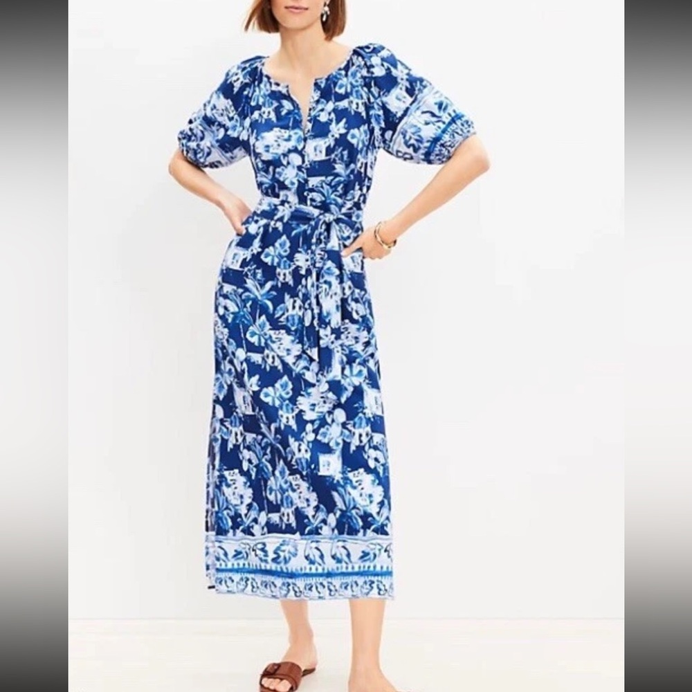 LOFT V-Neck Blue and White Floral Tie-Waist Maxi with slit sides. Size Small